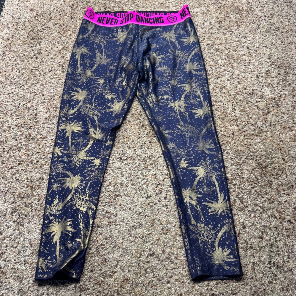 Zumba Wear Navy Gold Palm Tree Leggings Pink Never Stop‎ Dancing Waistband Large